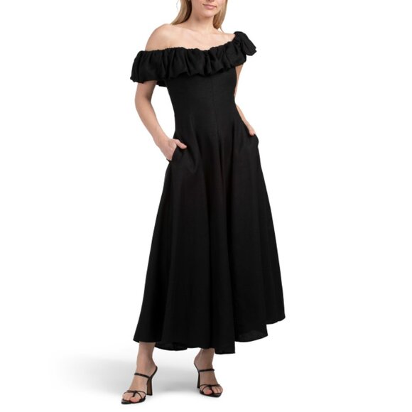 NICHOLAS Black Linen Blend Yara Puff Off Shoulder Midi Dress